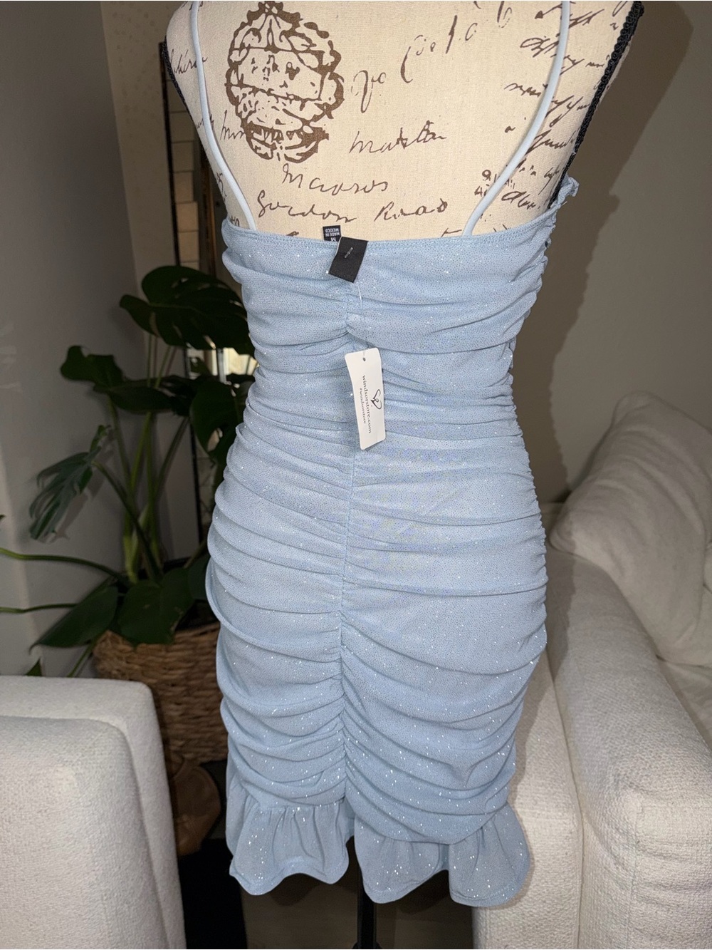 Windsor Light Blue Sparkle Ruched Mini Dress - Picture 8 of 9